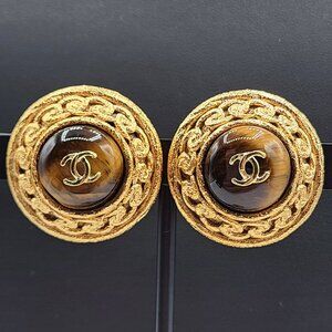 #16 Chanel Gold Plated CC Logo & Chain Link Boarder Tiger's Eye Earrings